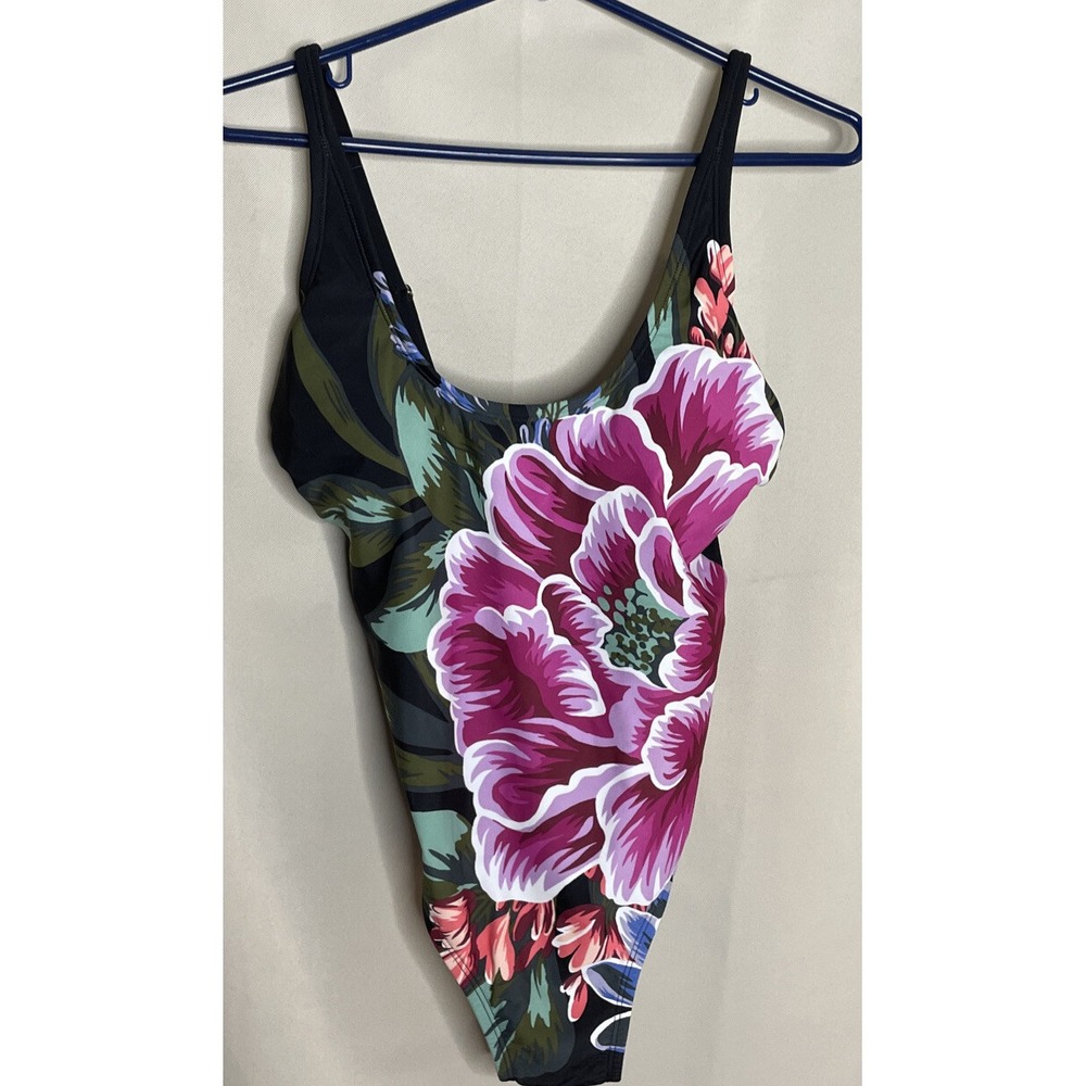 Kona Sol Women Medium One Piece Swimsuit Black Pink Floral Adjustable Straps NEW